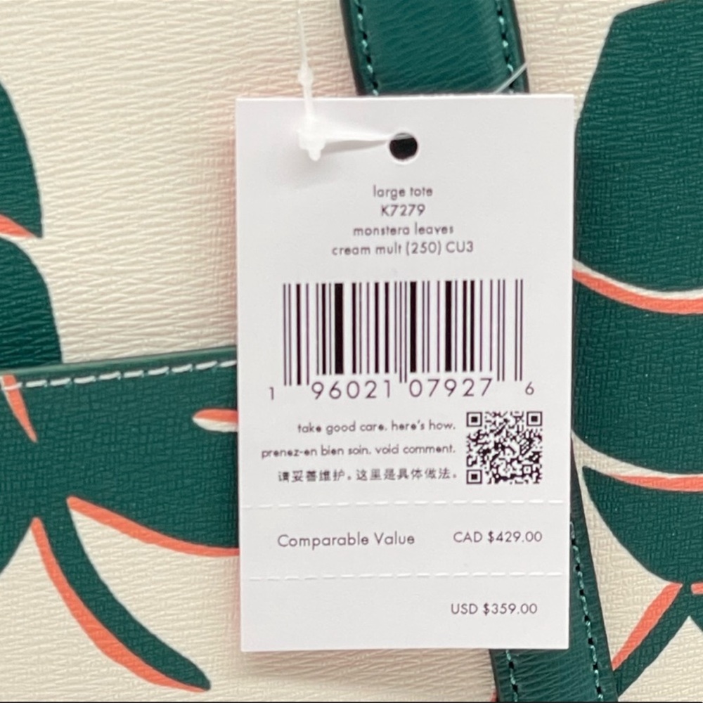 Kate Spade Cara Monstera Leaves Printed Refined Grain Leather Large Tote Bag - Picture 11 of 11